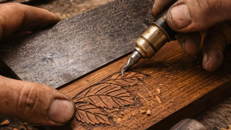 Artisan réalisant une gravure sur bois dans l’atelier Art Méka avec outils et matière bois métal