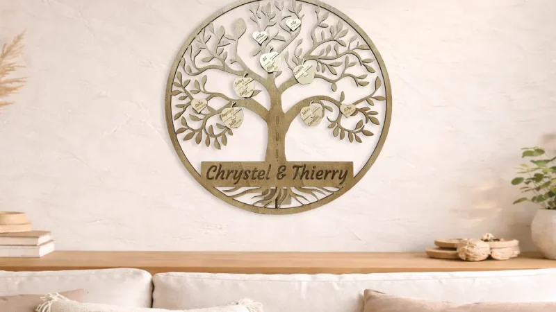 Arbre de vie personnalisé en bois avec prénoms gravés – décoration murale artisanale Art Méka à Lézignan-la-Cèbe