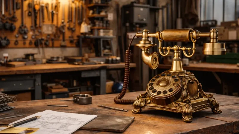 atelier artisanal Art Méka à Lézignan-la-Cèbe avec téléphone rétro sur établi bois