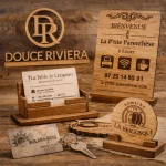 Créations en bois personnalisées pour professionnels : logo gravé, porte cartes de visite et support de communication Art Méka