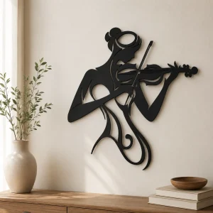 Décoration murale violoniste en bois noir découpé par Art Méka