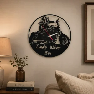 Horloge sur disque 33T personnalisée Lady biker par Art Méka