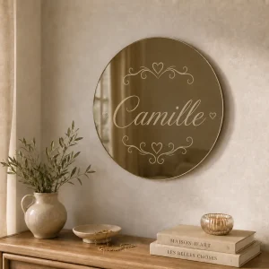 Miroir gravé avec prénom, cœurs et arabesques par Art Méka
